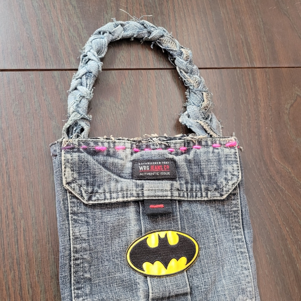 Upcycled jean batman bag